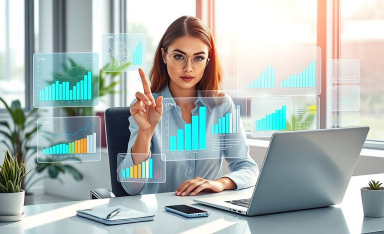 Profesional del marketing digital usando pantallas holográficas en oficina moderna para optimización SEO y mejorar eCPM