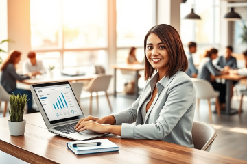 Profesional optimizando un perfil de cliente en una laptop en un espacio de coworking moderno para mejorar conversiones