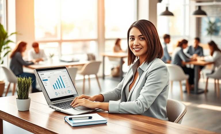 Profesional optimizando un perfil de cliente en una laptop en un espacio de coworking moderno para mejorar conversiones