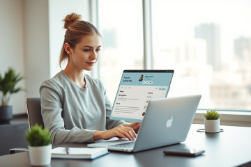 Mujer profesional optimizando un perfil de cliente en laptop dentro de una oficina moderna y luminosa para técnicas de seducción