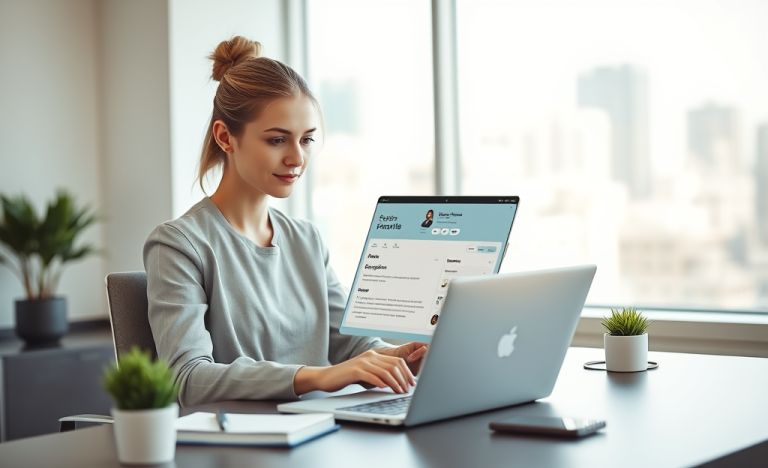 Mujer profesional optimizando un perfil de cliente en laptop dentro de una oficina moderna y luminosa para técnicas de seducción