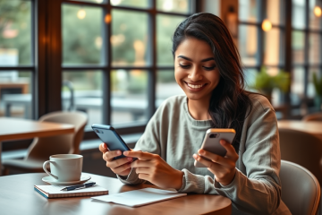 Joven mujer usando una app de citas en un café iluminado, sonriendo mientras navega perfiles para atraer matches con éxito