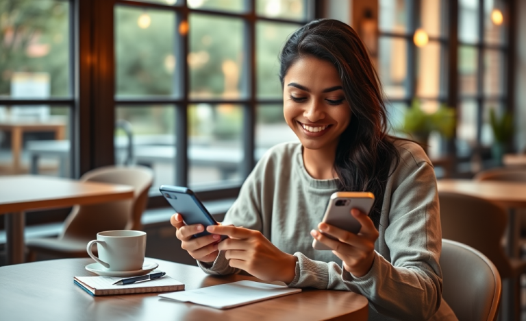 Joven mujer usando una app de citas en un café iluminado, sonriendo mientras navega perfiles para atraer matches con éxito