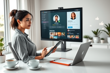 Joven mujer profesional optimizando su perfil de citas en una oficina moderna para evitar errores y mejorar resultados de likes
