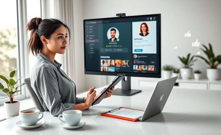 Joven mujer profesional optimizando su perfil de citas en una oficina moderna para evitar errores y mejorar resultados de likes