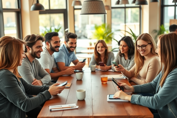 Jóvenes adultos en cafetería moderna usando apps de citas para mejorar conversaciones y resultados en encuentros