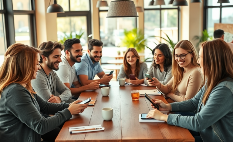 Jóvenes adultos en cafetería moderna usando apps de citas para mejorar conversaciones y resultados en encuentros