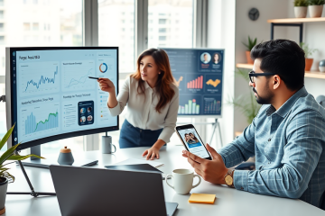 Profesionales en oficina moderna optimizando SEO para matches en apps de citas con gráficos y dispositivos digitales