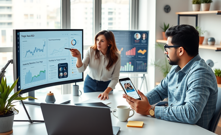 Profesionales en oficina moderna optimizando SEO para matches en apps de citas con gráficos y dispositivos digitales