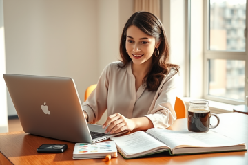 Mujer joven segura ajustando su perfil de citas en laptop en moderno apartamento iluminado natural para mejorar resultados