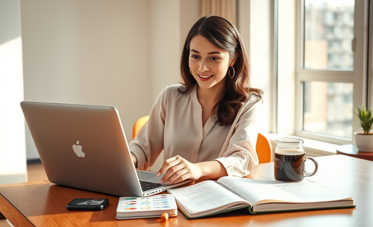 Mujer joven segura ajustando su perfil de citas en laptop en moderno apartamento iluminado natural para mejorar resultados