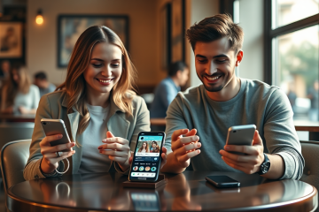 Jóvenes en un café usando smartphones para ligar, mostrando una app de citas para evitar errores y conseguir más matches
