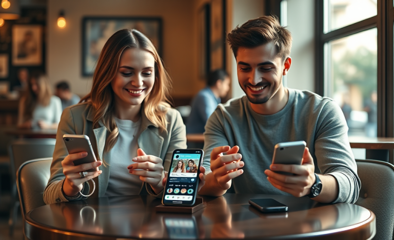 Jóvenes en un café usando smartphones para ligar, mostrando una app de citas para evitar errores y conseguir más matches