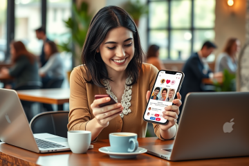 Mujer joven interactuando en una aplicación de citas en un café acogedor para mejorar sus resultados y conseguir matches