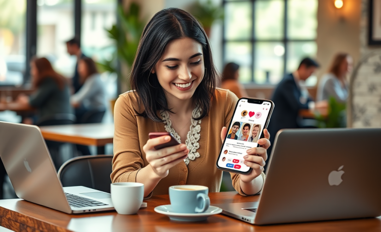 Mujer joven interactuando en una aplicación de citas en un café acogedor para mejorar sus resultados y conseguir matches