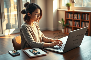Mujer joven optimizando su perfil de citas en laptop, ambiente acogedor con luz natural y elementos para mejorar matches