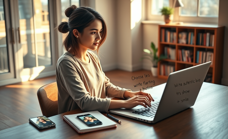 Mujer joven optimizando su perfil de citas en laptop, ambiente acogedor con luz natural y elementos para mejorar matches