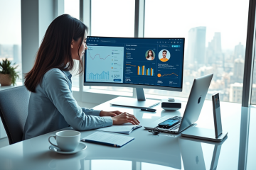 Joven profesional optimizando SEO para mejorar resultados en aplicaciones de citas en oficina moderna con computadora y gráficos