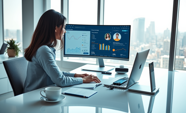 Joven profesional optimizando SEO para mejorar resultados en aplicaciones de citas en oficina moderna con computadora y gráficos