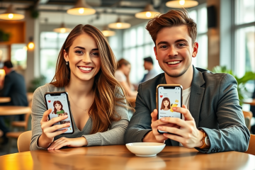 Pareja joven en café usando app de citas con interfaz clara y ambiente cálido para conseguir más matches y evitar errores
