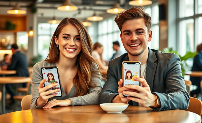 Pareja joven en café usando app de citas con interfaz clara y ambiente cálido para conseguir más matches y evitar errores